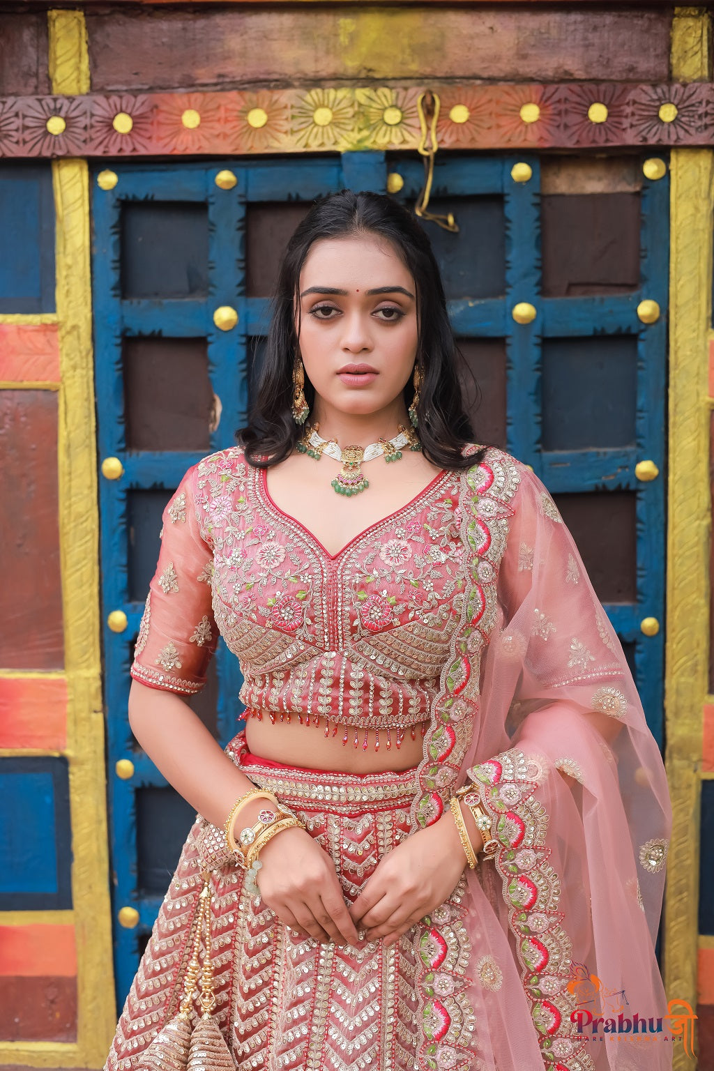 Blush Pink Heavy Embroidered Bridal Lehenga Choli with Net Dupatta