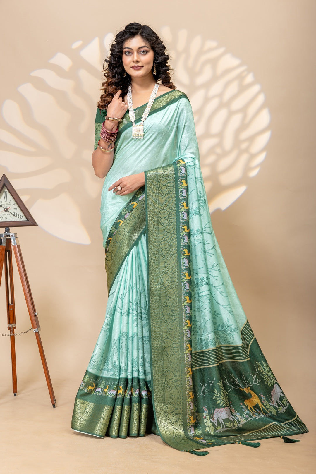 Ethereal Mint Green Silk Blend Saree with Enchanted Forest Animal Motifs