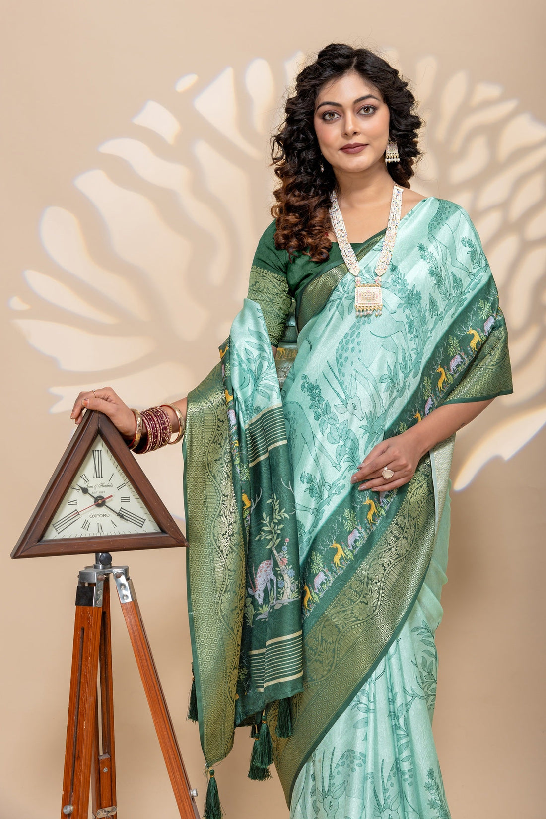 Ethereal Mint Green Silk Blend Saree with Enchanted Forest Animal Motifs