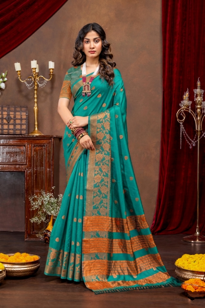 Elegant Emerald Banarasi Silk Saree with Ornate Copper Zari Work