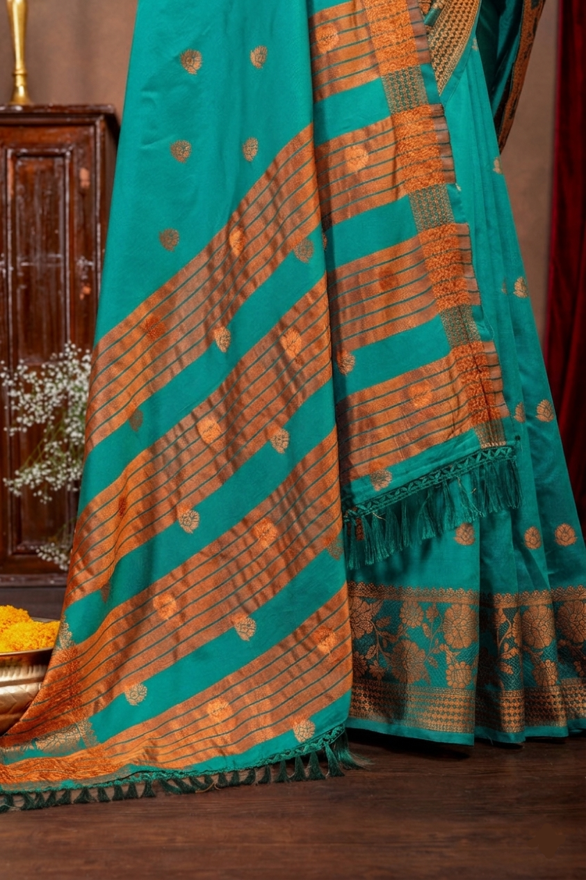 Elegant Emerald Banarasi Silk Saree with Ornate Copper Zari Work