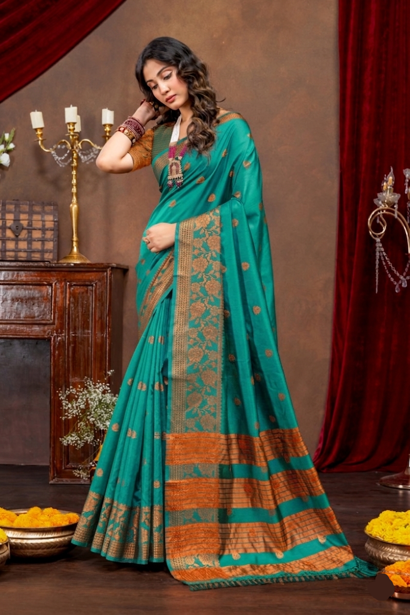 Elegant Emerald Banarasi Silk Saree with Ornate Copper Zari Work