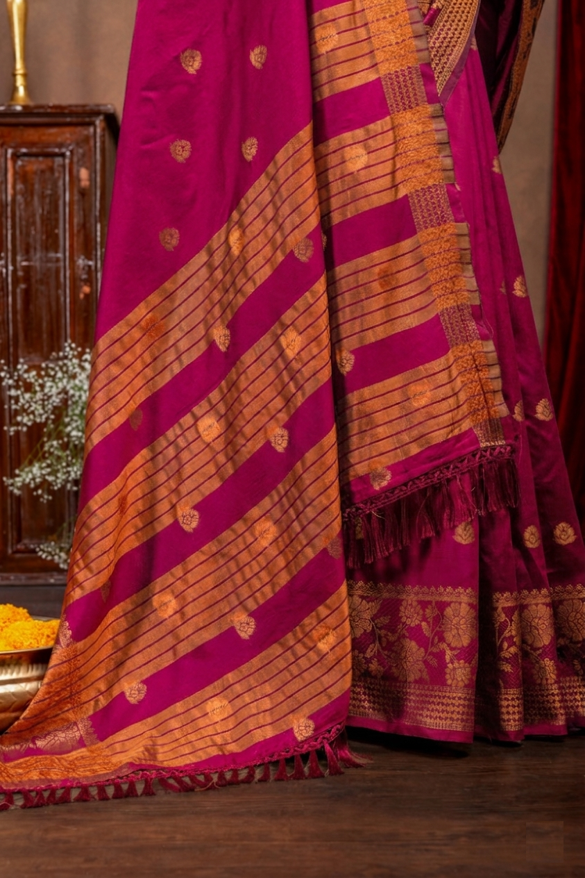 Elegant Emerald Banarasi Silk Saree with Ornate Copper Zari Work