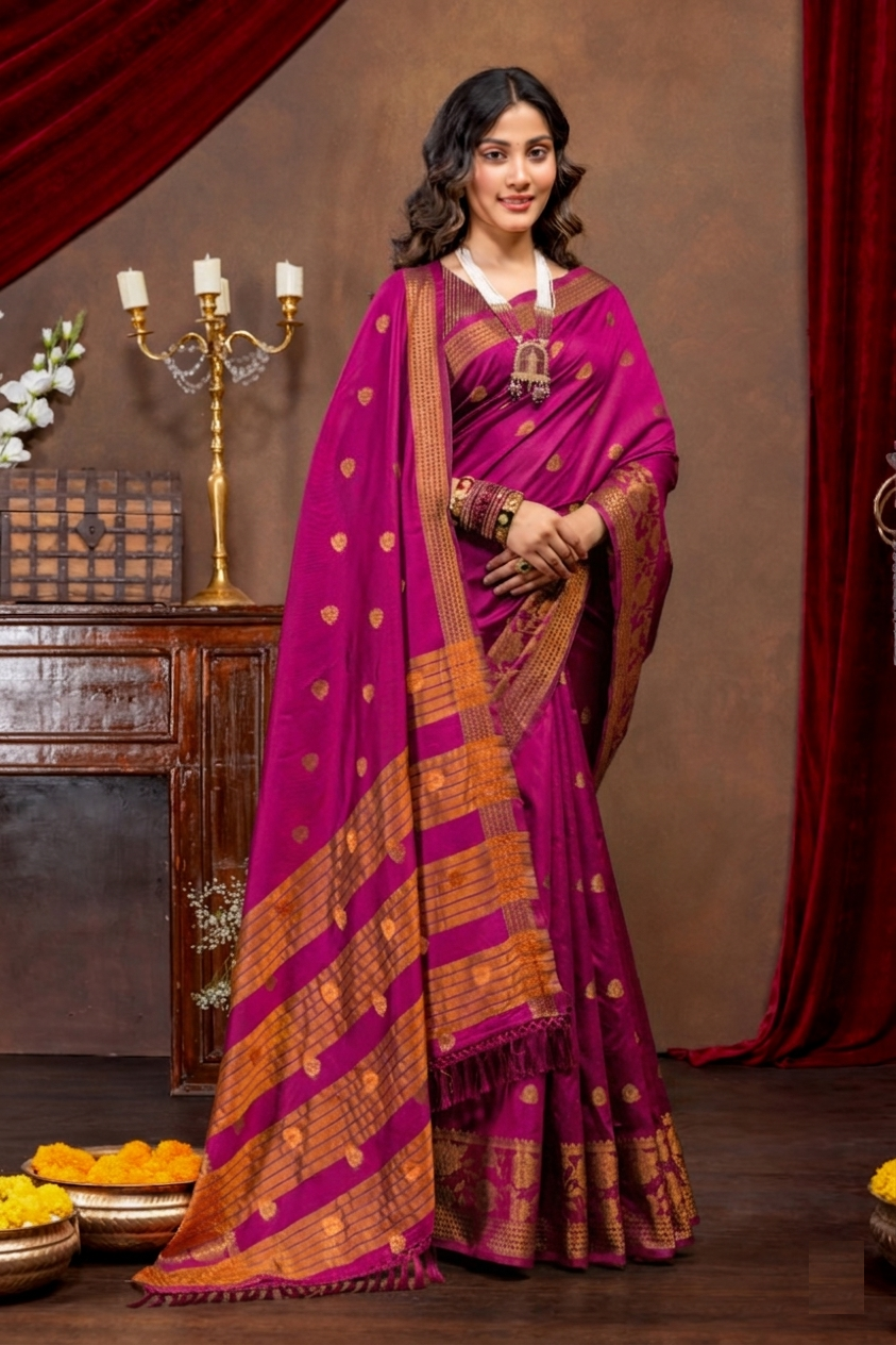 Elegant Emerald Banarasi Silk Saree with Ornate Copper Zari Work