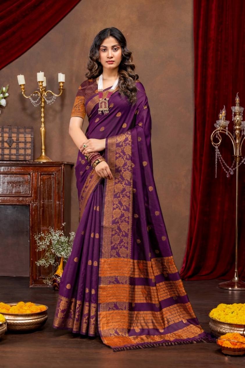 Elegant Emerald Banarasi Silk Saree with Ornate Copper Zari Work