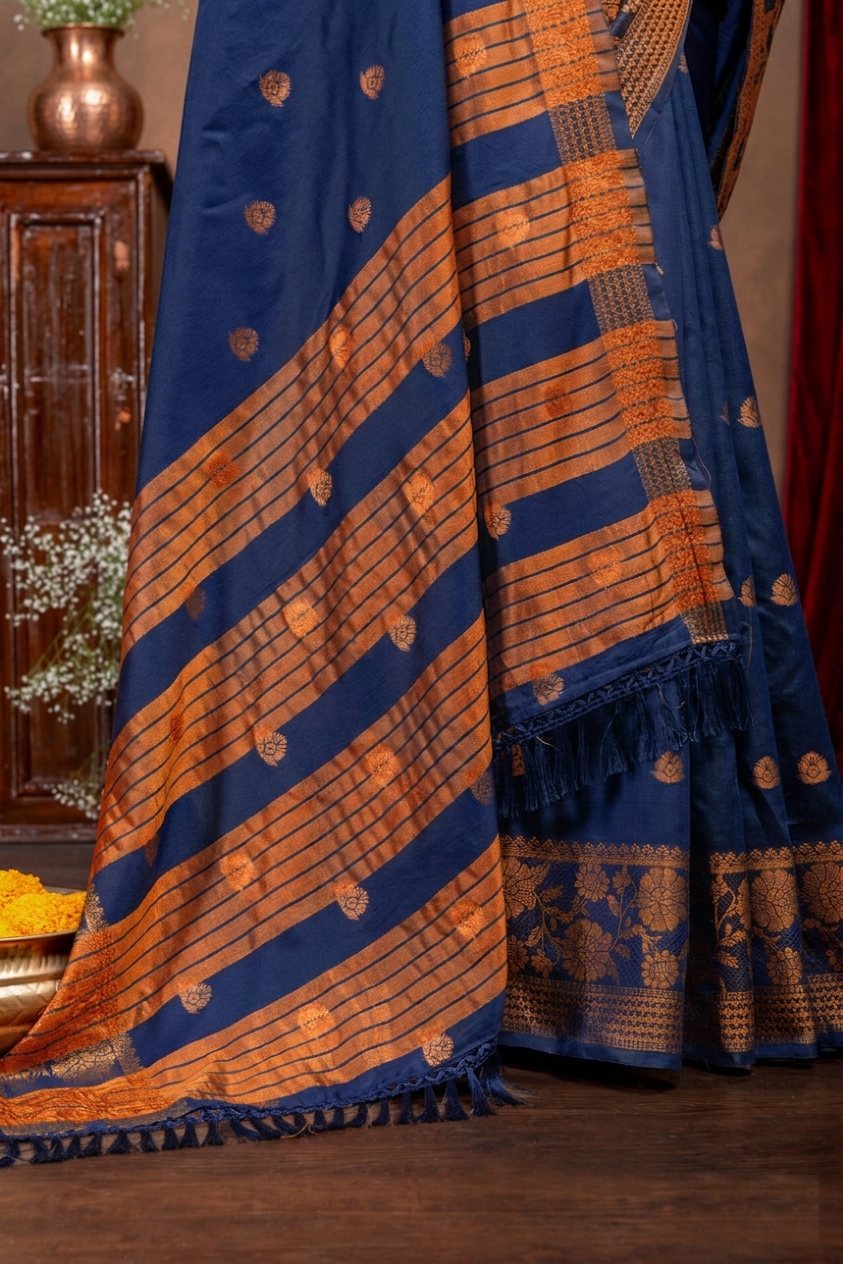 Elegant Emerald Banarasi Silk Saree with Ornate Copper Zari Work