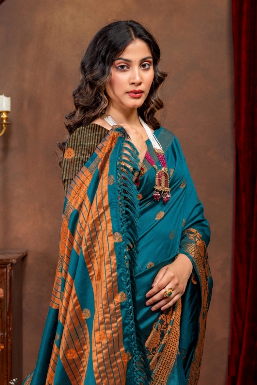 Elegant Emerald Banarasi Silk Saree with Ornate Copper Zari Work