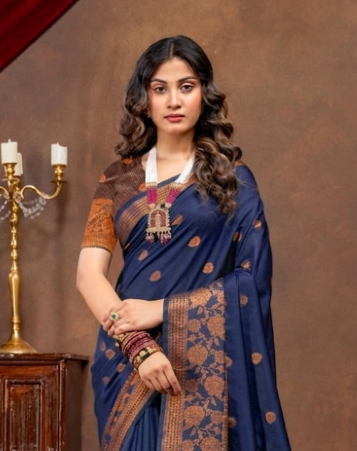 Elegant Emerald Banarasi Silk Saree with Ornate Copper Zari Work