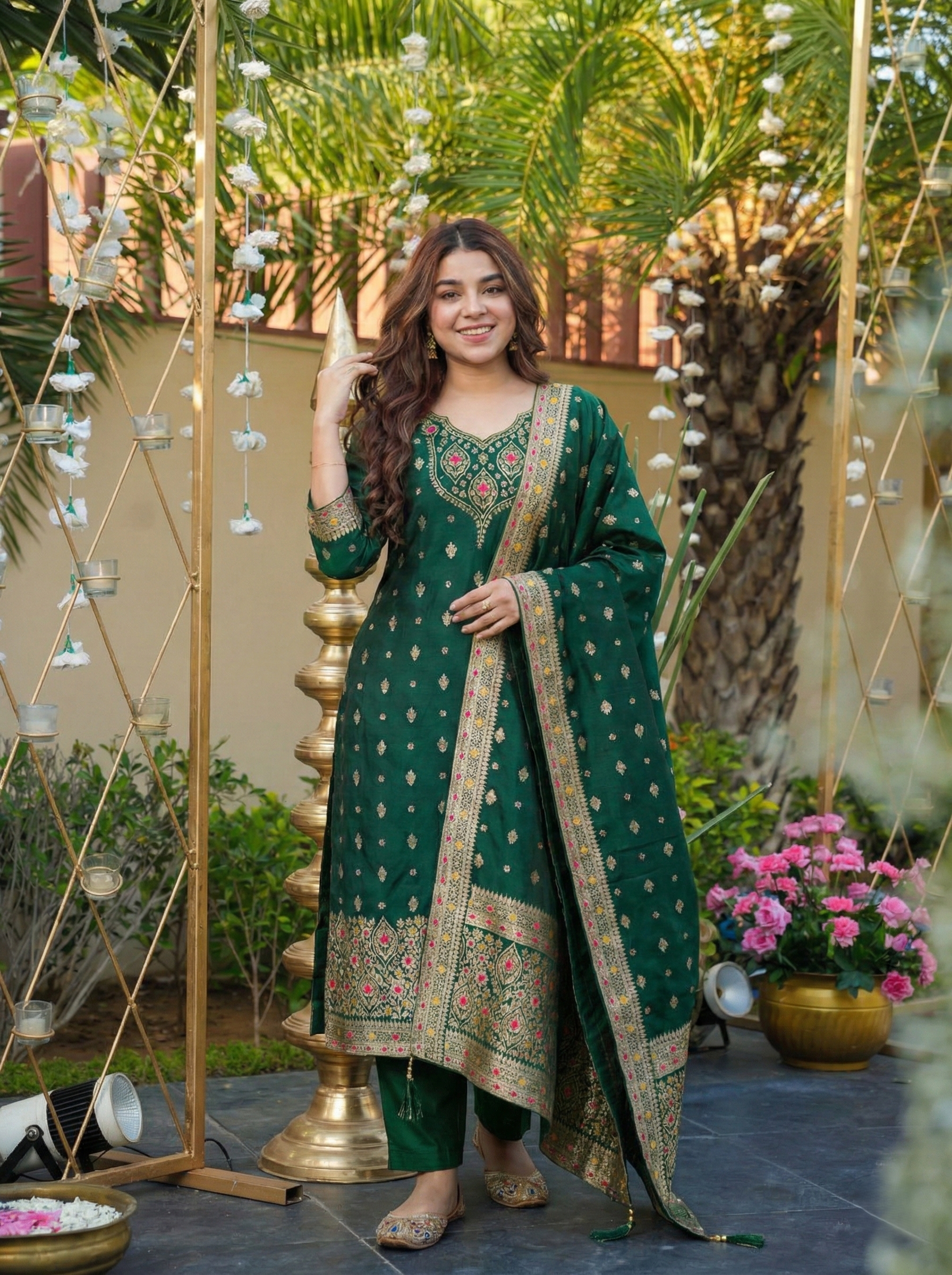 Emerald Green Jacquard Silk Salwar Suit with Dupatta