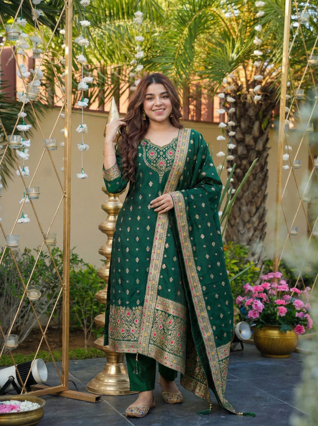 Emerald Green Jacquard Silk Salwar Suit with Dupatta