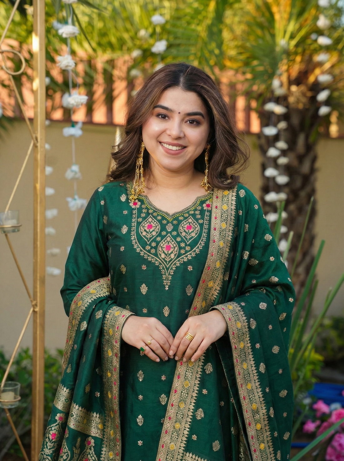 Emerald Green Jacquard Silk Salwar Suit with Dupatta