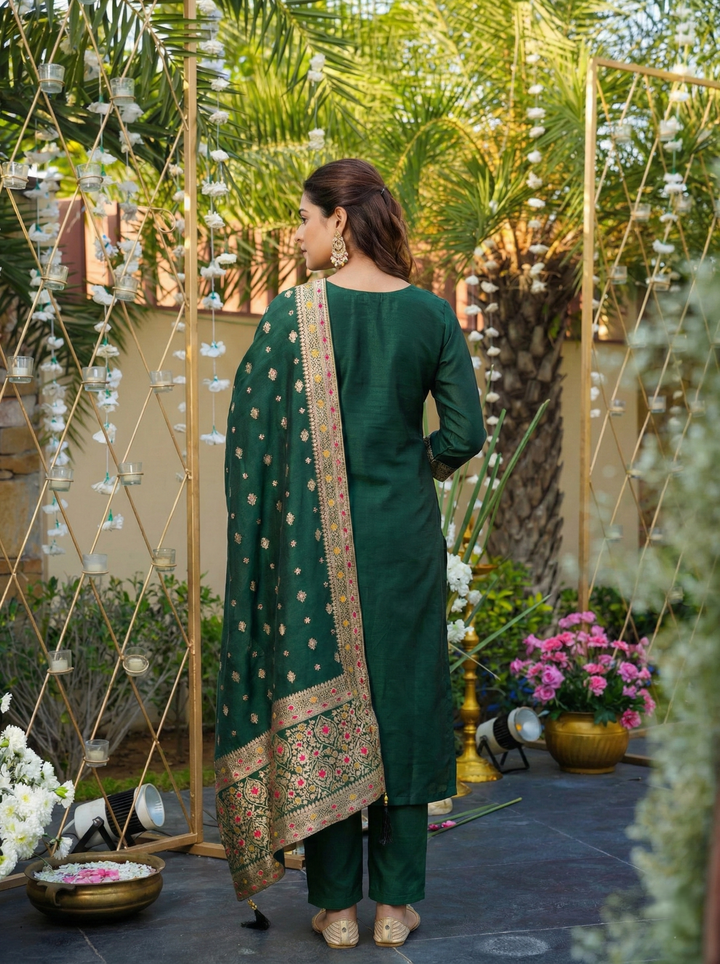 Emerald Green Jacquard Silk Salwar Suit with Dupatta