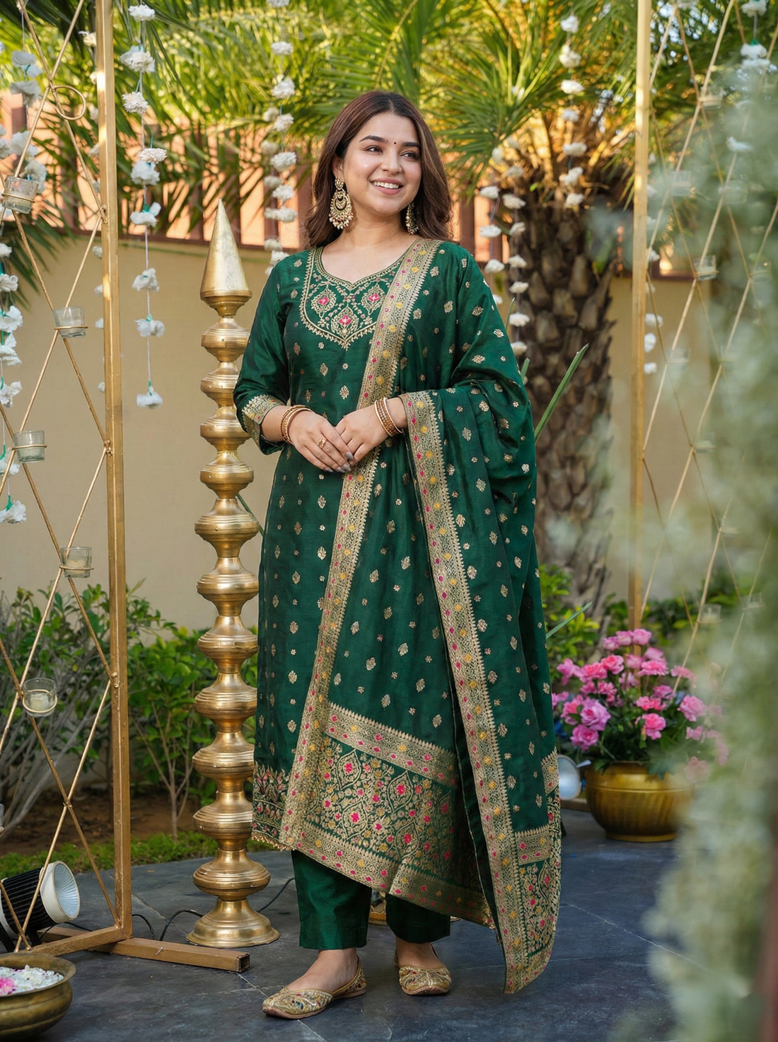 Emerald Green Jacquard Silk Salwar Suit with Dupatta