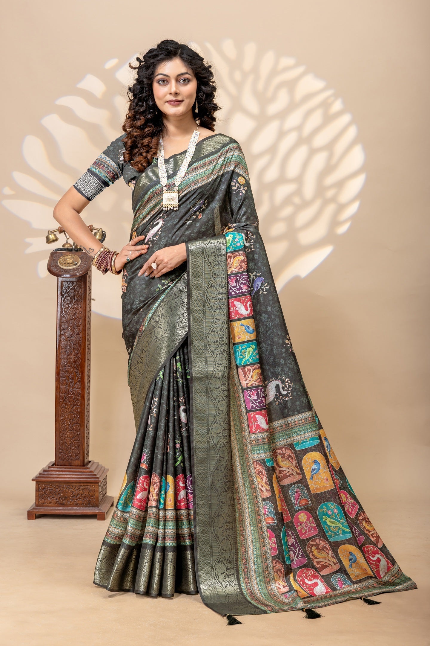 Mystique Charcoal Grey Heritage Bird Print Art Silk Saree with Zari Border