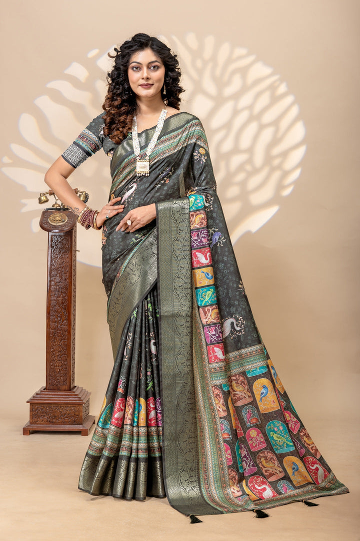 Mystique Charcoal Grey Heritage Bird Print Art Silk Saree with Zari Border