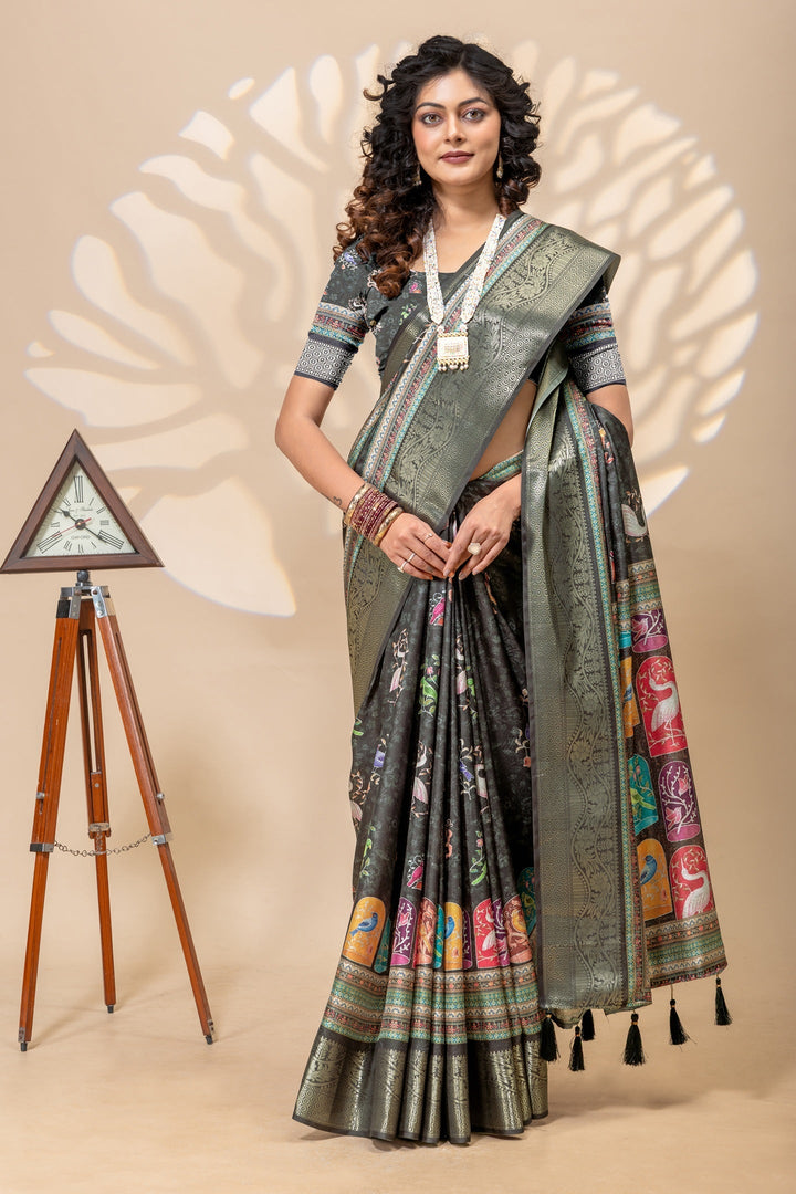Mystique Charcoal Grey Heritage Bird Print Art Silk Saree with Zari Border