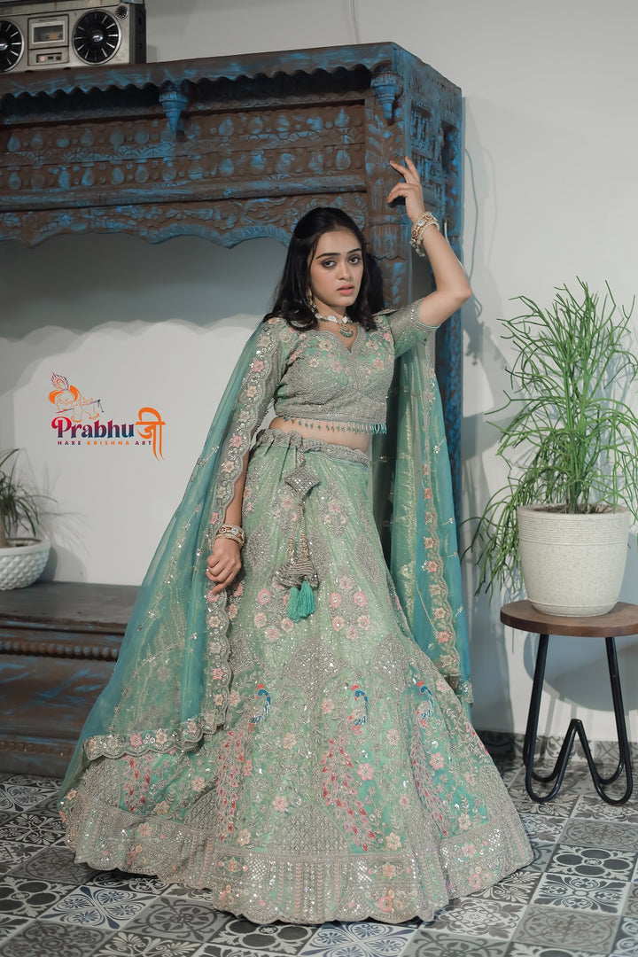 Mint Green Heavy Embroidered Designer Lehenga Choli with Net Dupatta