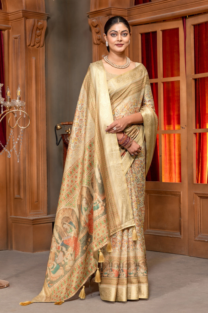 Elegant Beige Art Silk Saree with Mughal Digital Print and Golden Zari Border