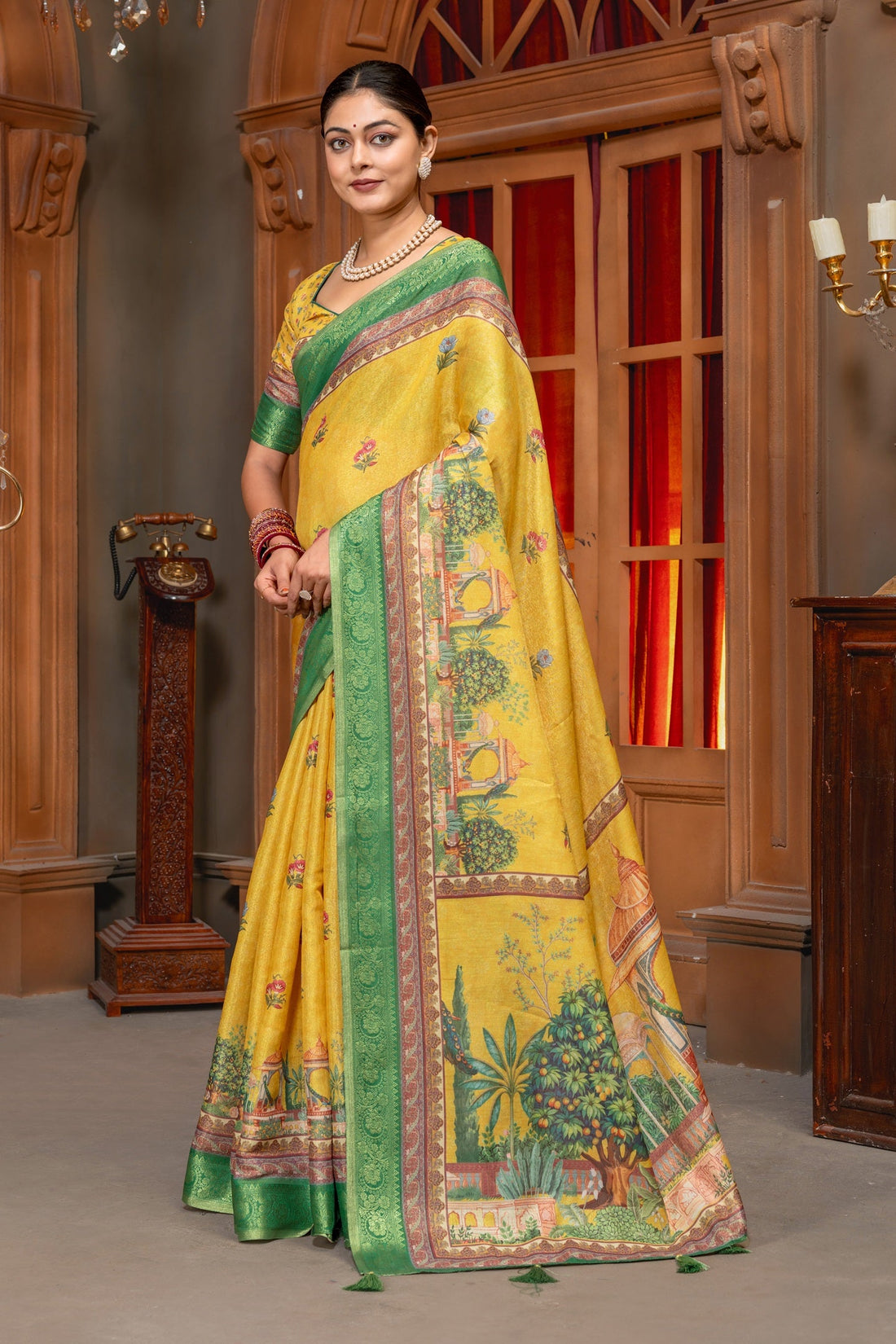 Radiant Yellow Tussar Silk Saree with Mughal Garden Digital Print