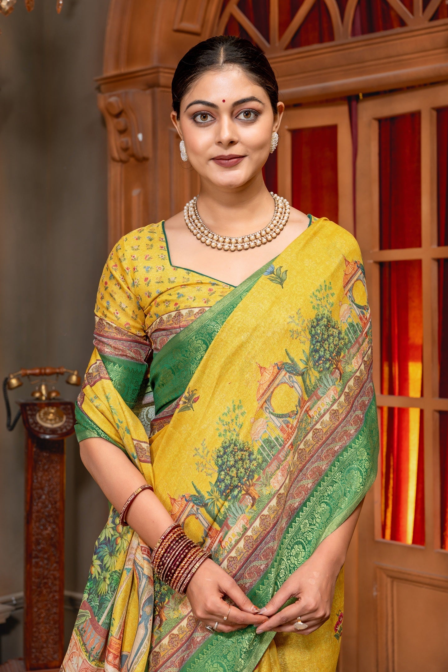Radiant Yellow Tussar Silk Saree with Mughal Garden Digital Print