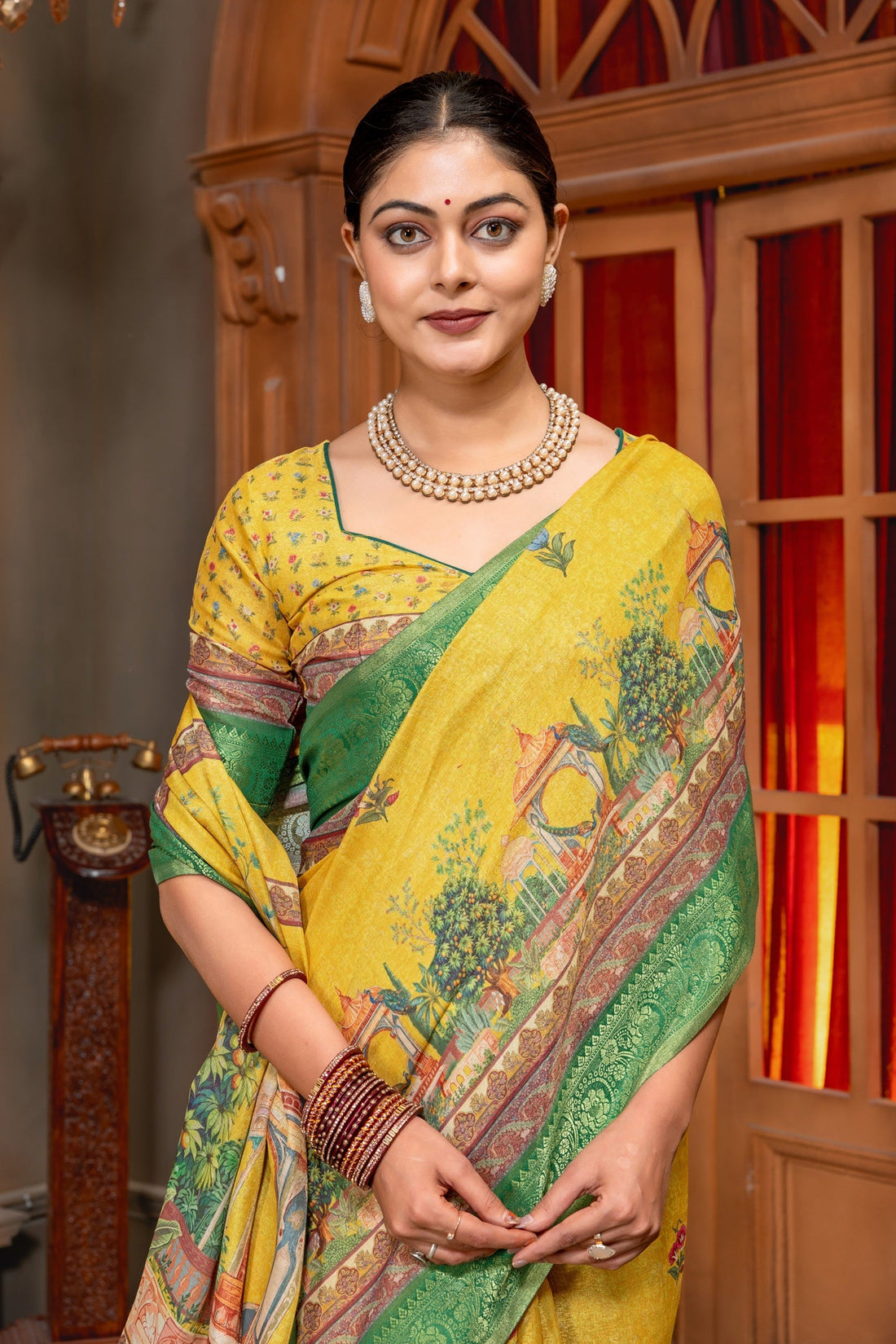 Radiant Yellow Tussar Silk Saree with Mughal Garden Digital Print