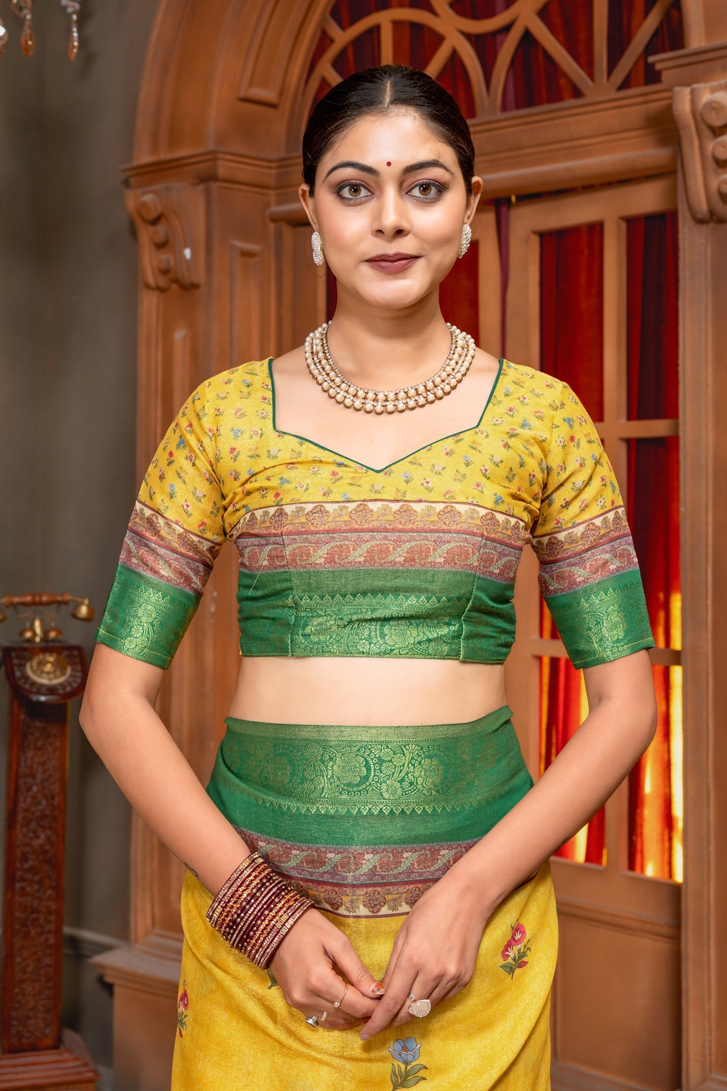 Radiant Yellow Tussar Silk Saree with Mughal Garden Digital Print