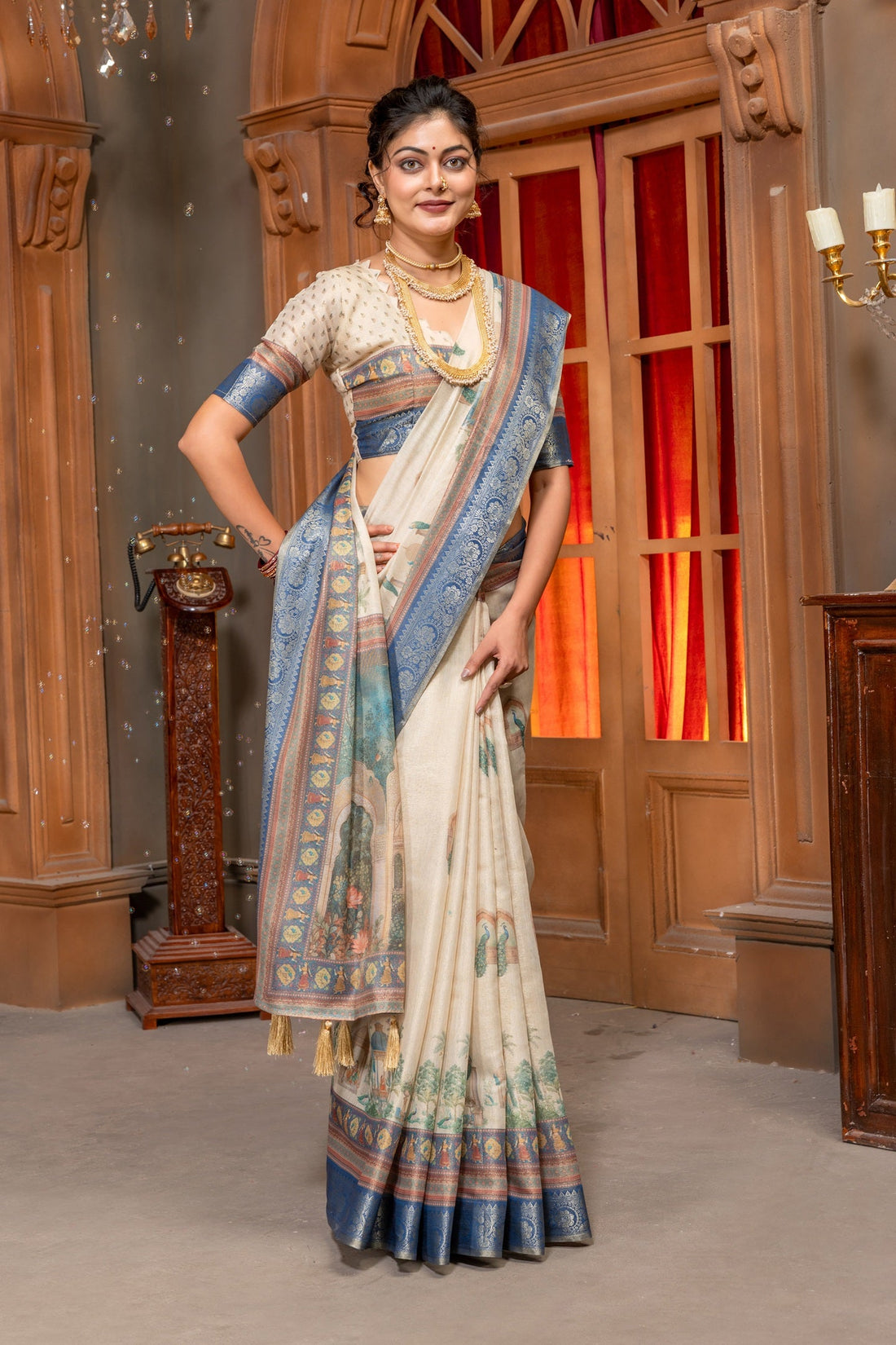 Regal Off-White Tussar Silk Saree with Intricate Pichwai Art & Zari Border
