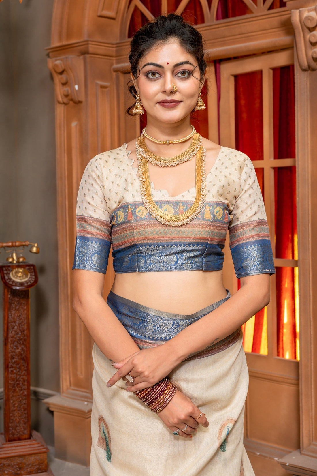 Regal Off-White Tussar Silk Saree with Intricate Pichwai Art & Zari Border