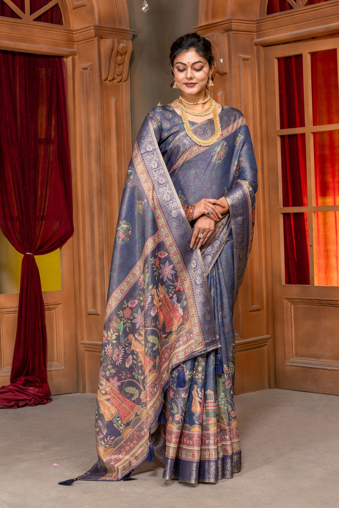 Enchanting Navy Blue Silk Blend Saree with Ornate Pichwai-Inspired Prints