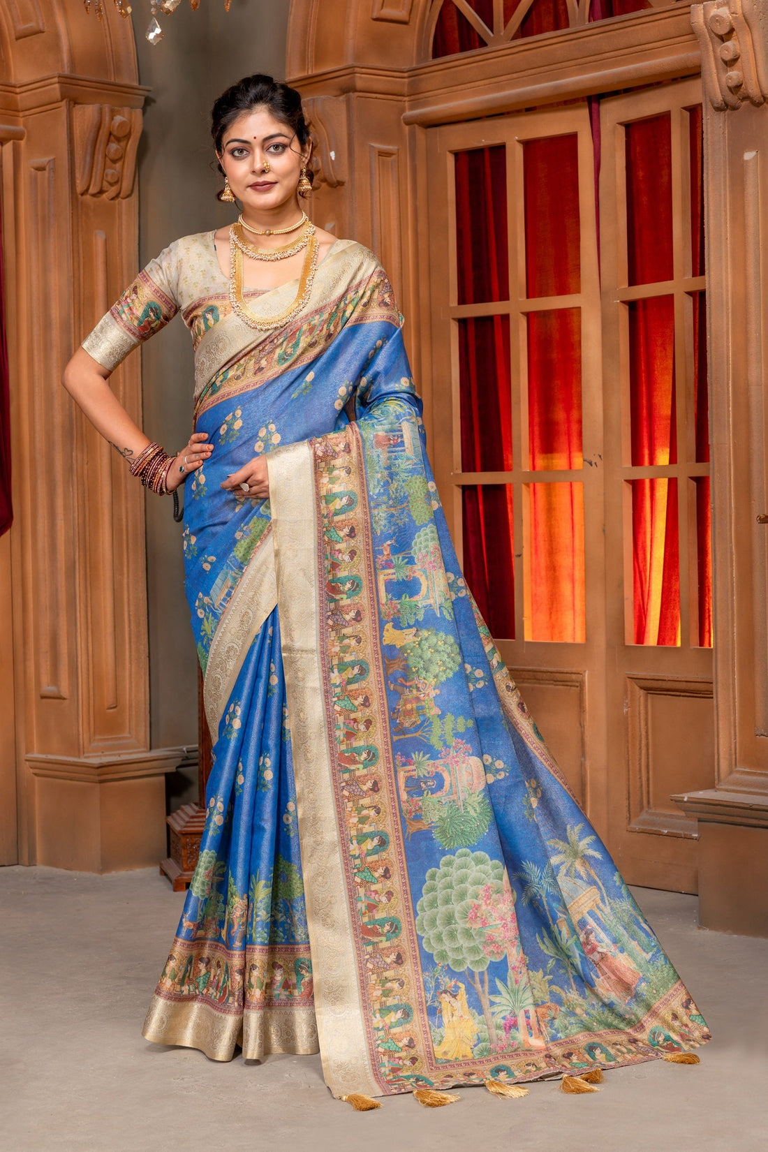 Royal Blue Tusser Silk Saree with Exquisite Mythological Pichwai Prints and Zari Border