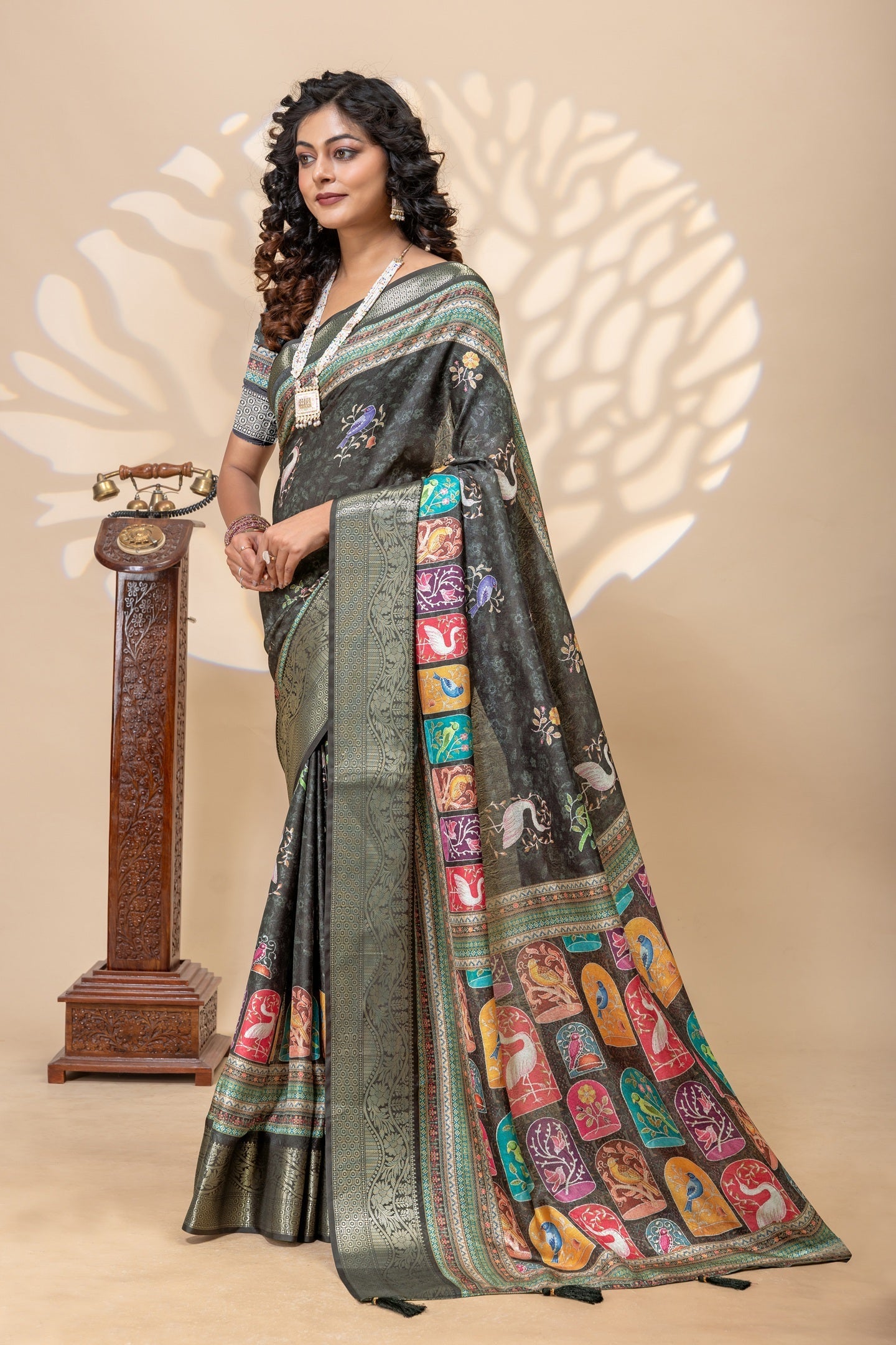 Mystique Charcoal Grey Heritage Bird Print Art Silk Saree with Zari Border