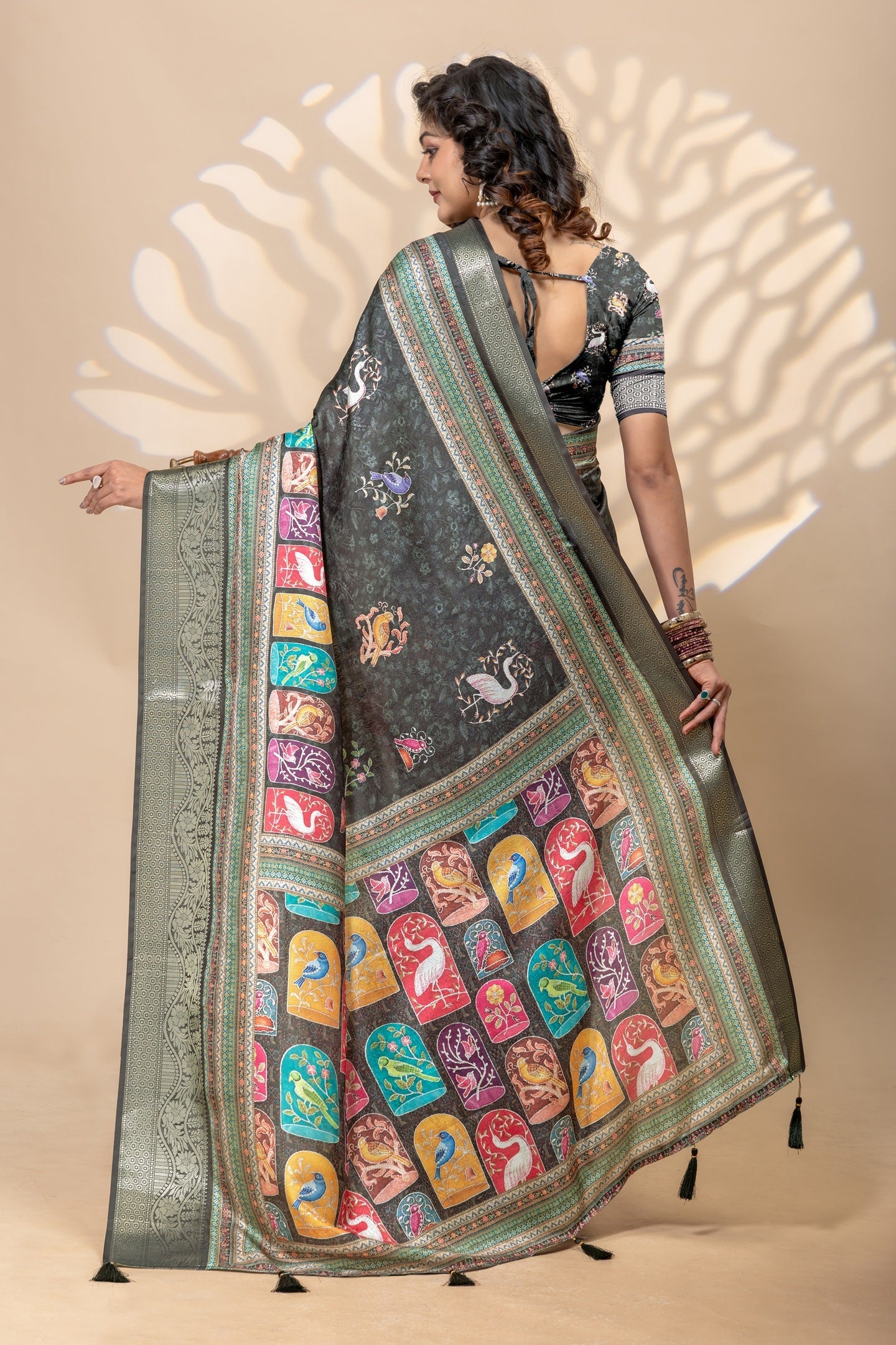 Mystique Charcoal Grey Heritage Bird Print Art Silk Saree with Zari Border