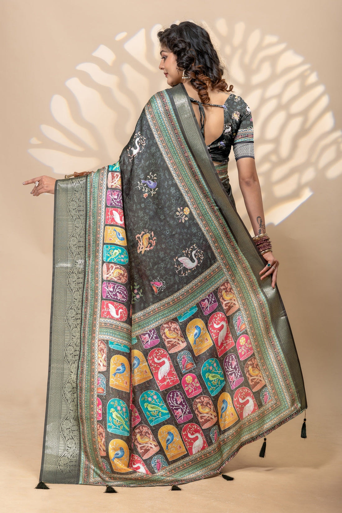 Mystique Charcoal Grey Heritage Bird Print Art Silk Saree with Zari Border