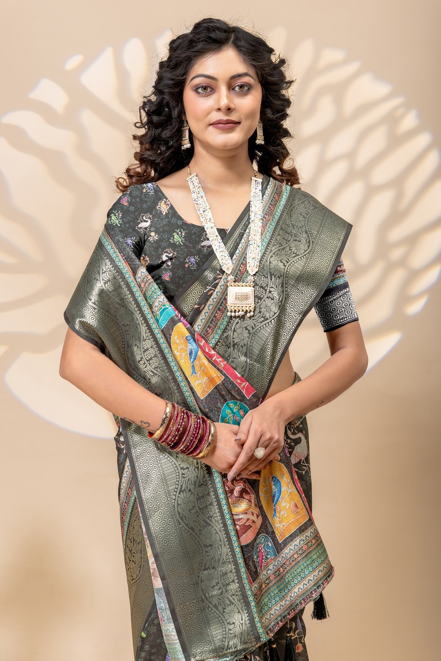 Mystique Charcoal Grey Heritage Bird Print Art Silk Saree with Zari Border