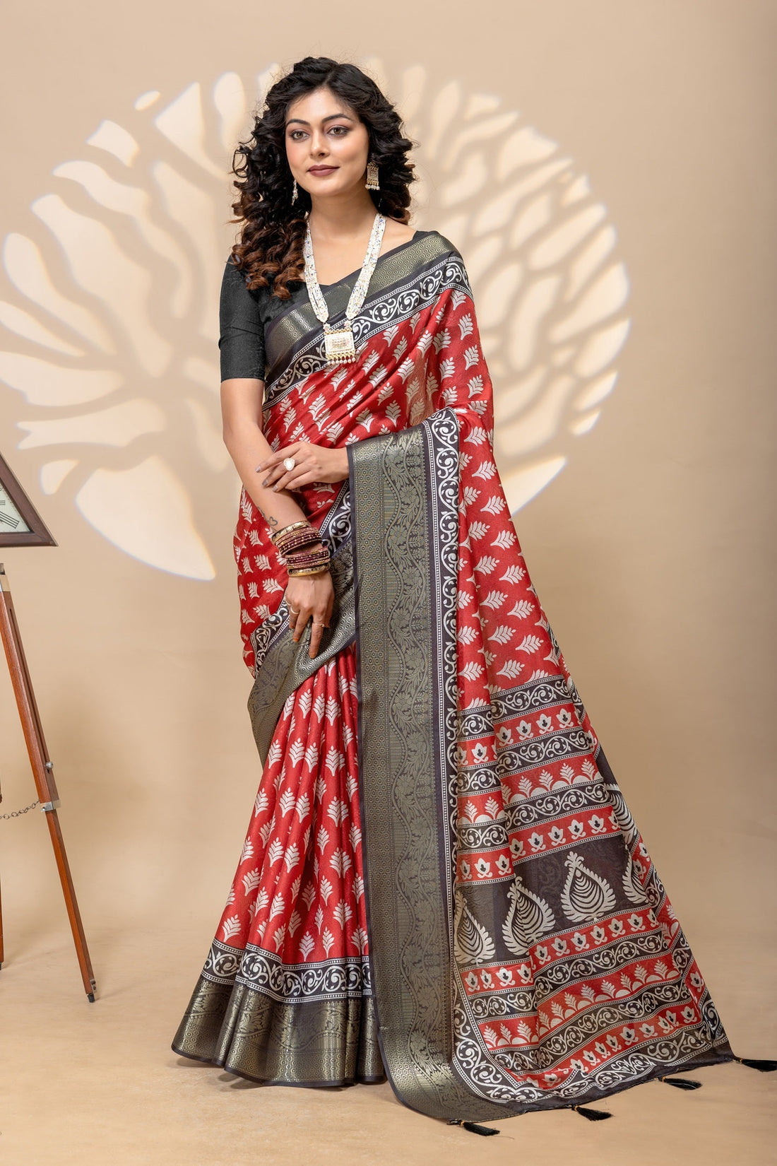 Elegant Red Art Silk Saree with Ethnic Border & Floral Prints