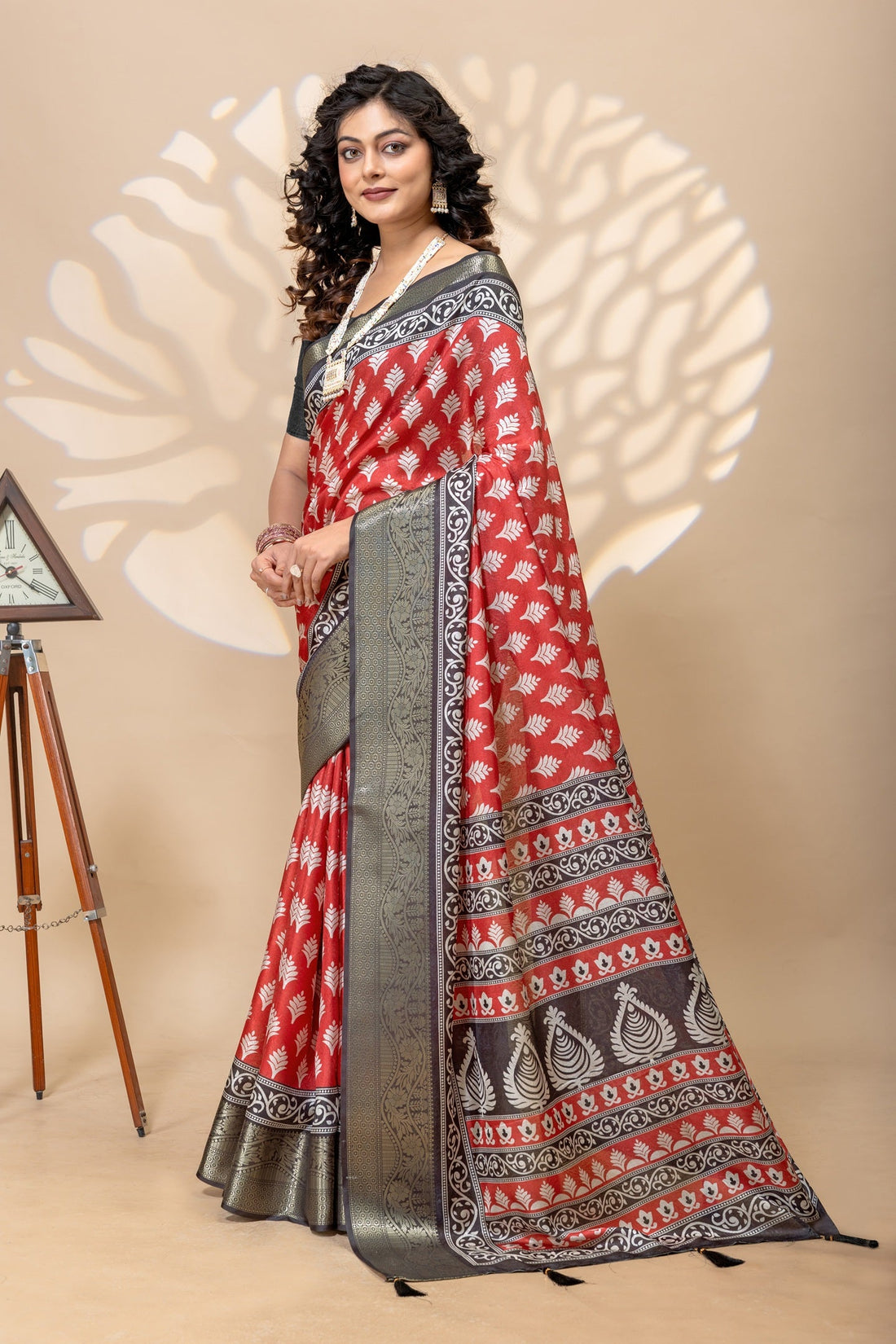 Elegant Red Art Silk Saree with Ethnic Border & Floral Prints