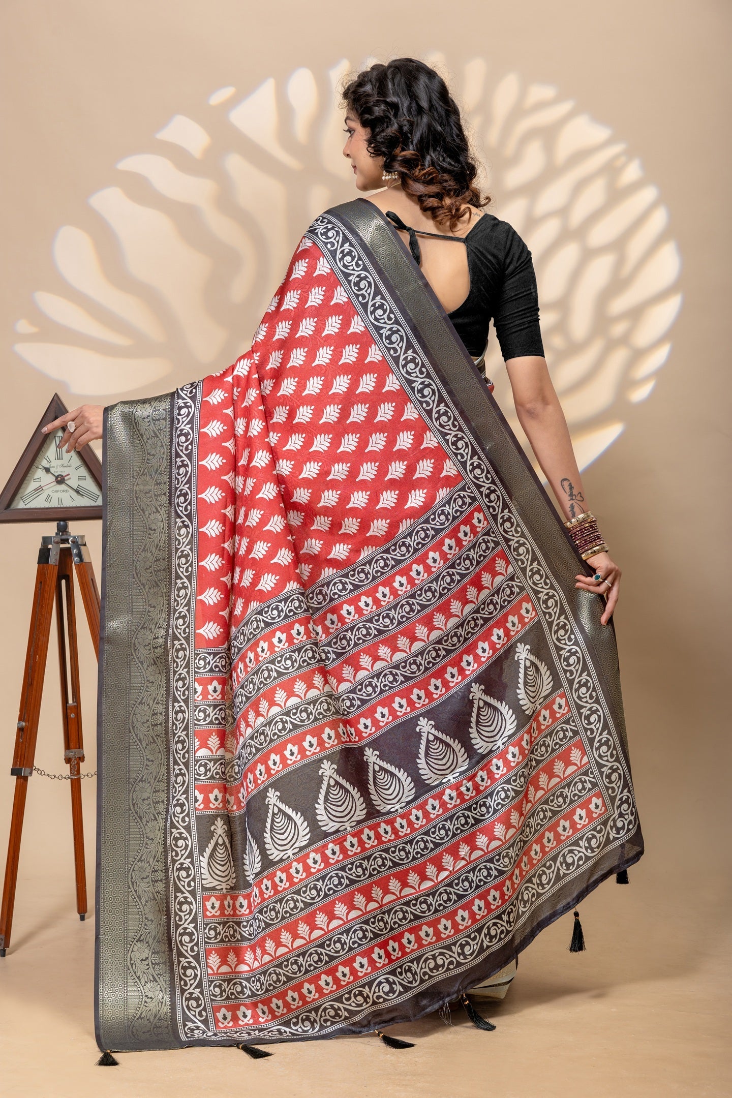 Elegant Red Art Silk Saree with Ethnic Border & Floral Prints