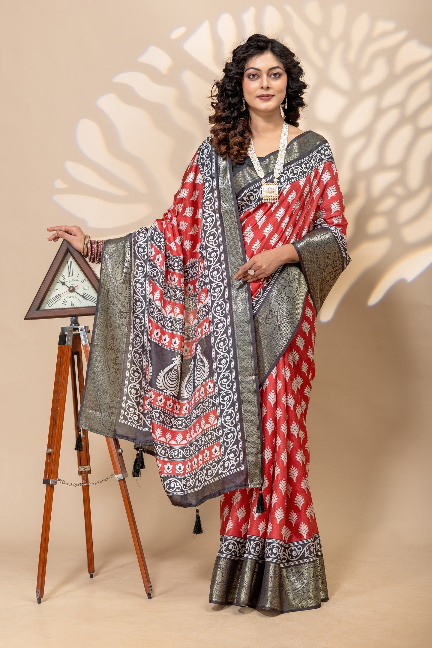 Elegant Red Art Silk Saree with Ethnic Border & Floral Prints