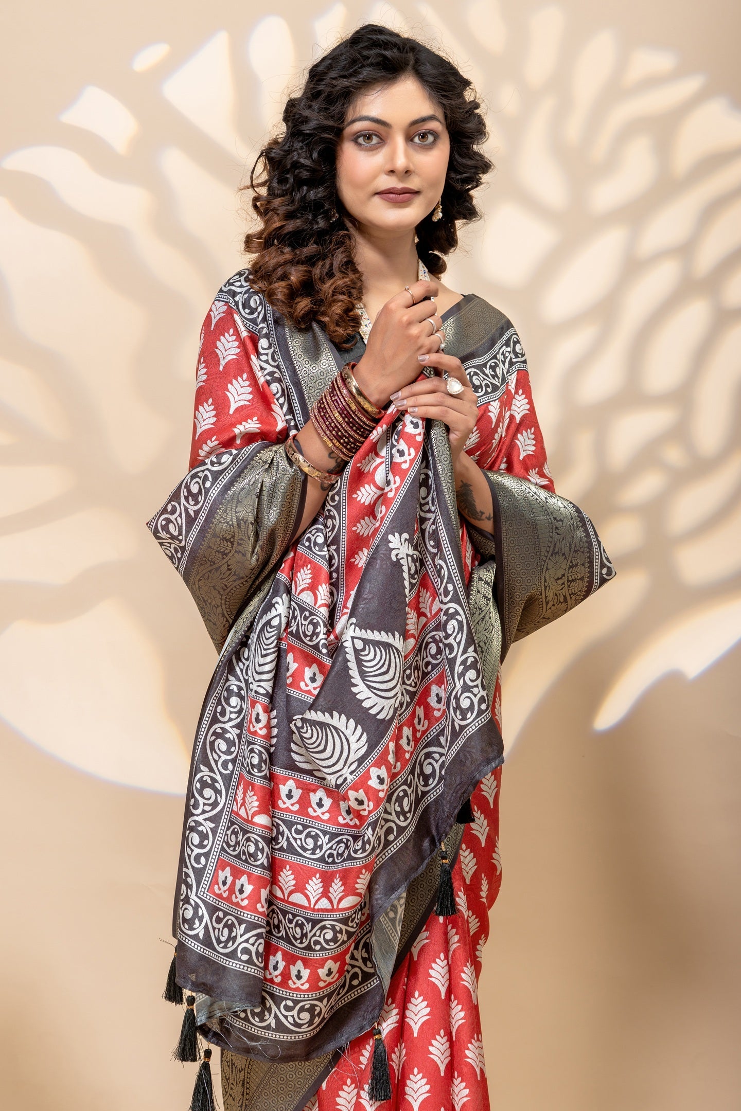 Elegant Red Art Silk Saree with Ethnic Border & Floral Prints