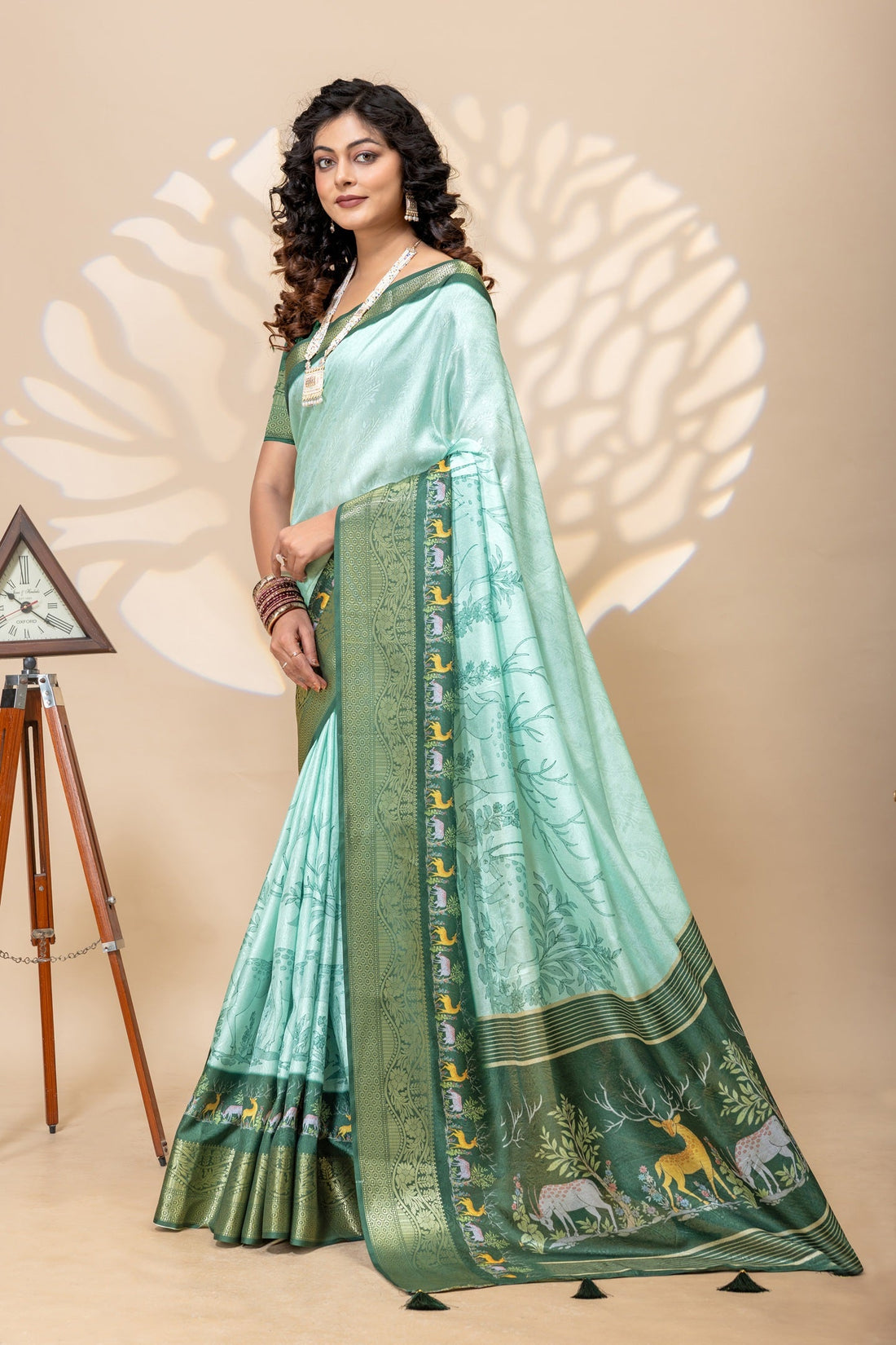 Ethereal Mint Green Silk Blend Saree with Enchanted Forest Animal Motifs