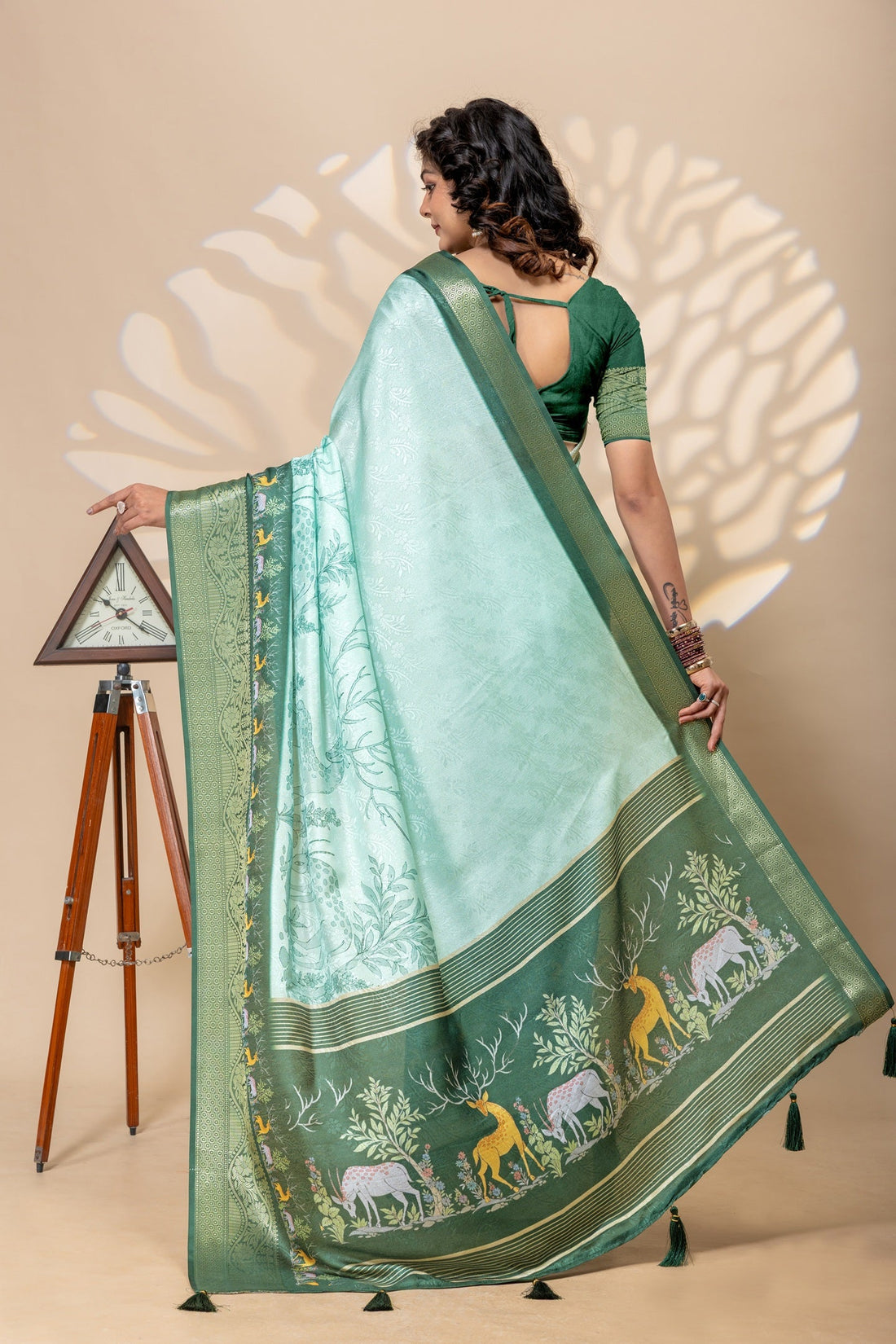 Ethereal Mint Green Silk Blend Saree with Enchanted Forest Animal Motifs