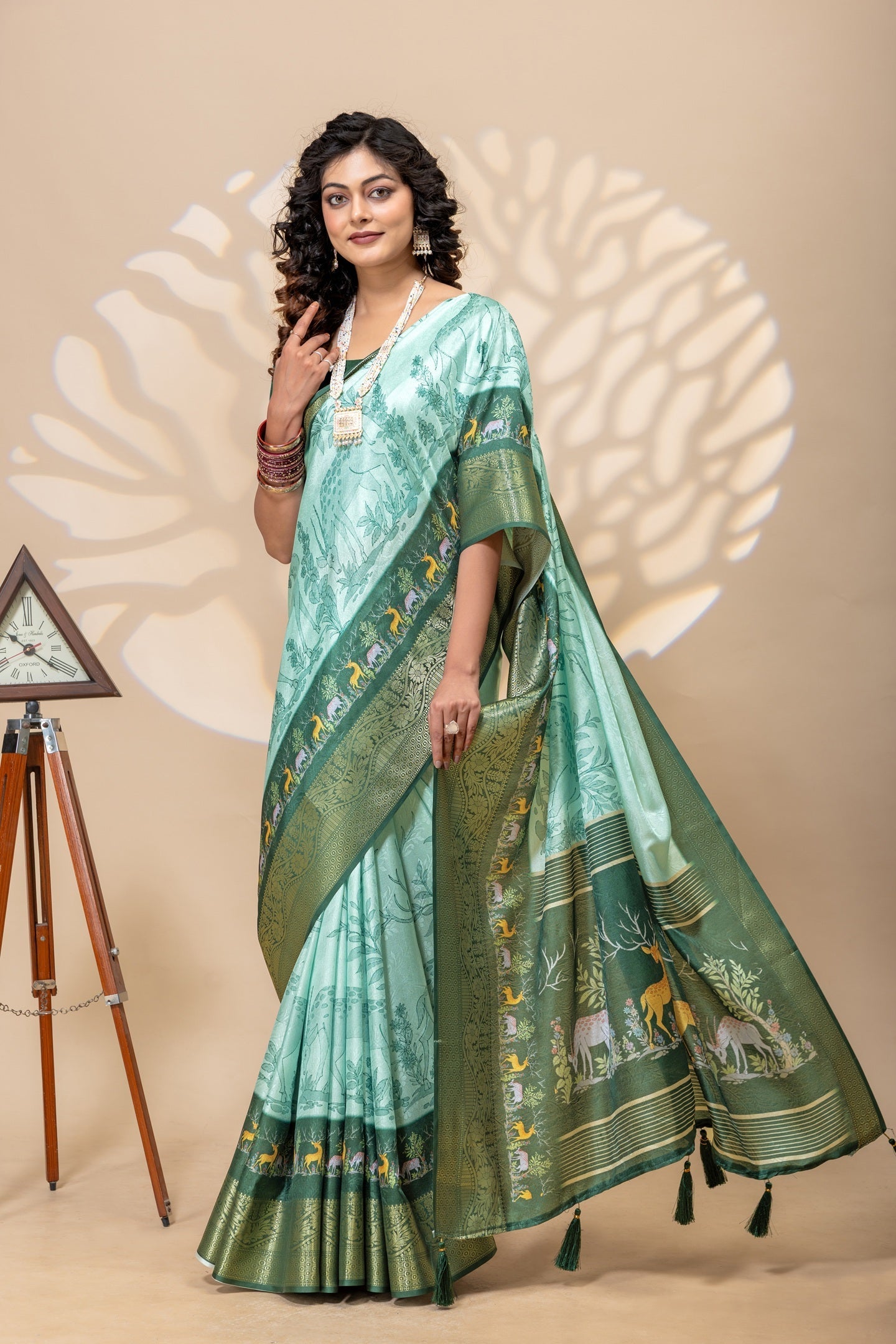 Ethereal Mint Green Silk Blend Saree with Enchanted Forest Animal Motifs