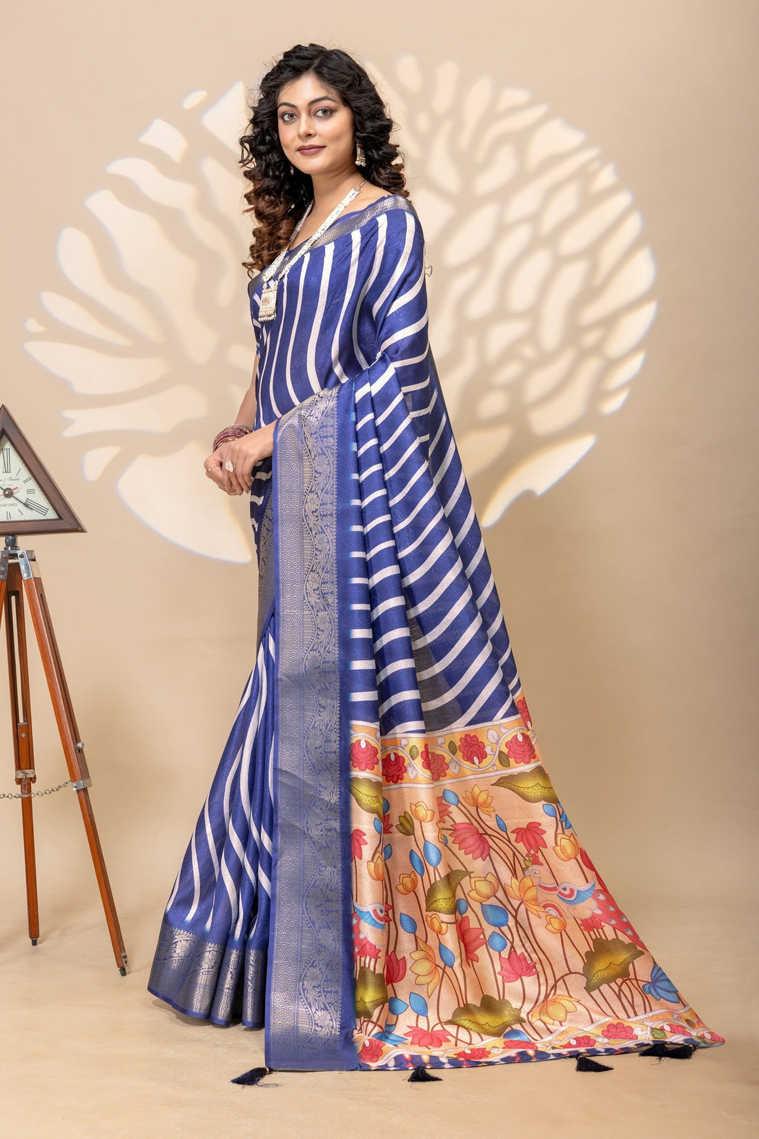 Elegant Royal Blue Diagonal Striped Art Silk Saree with Floral Pallu