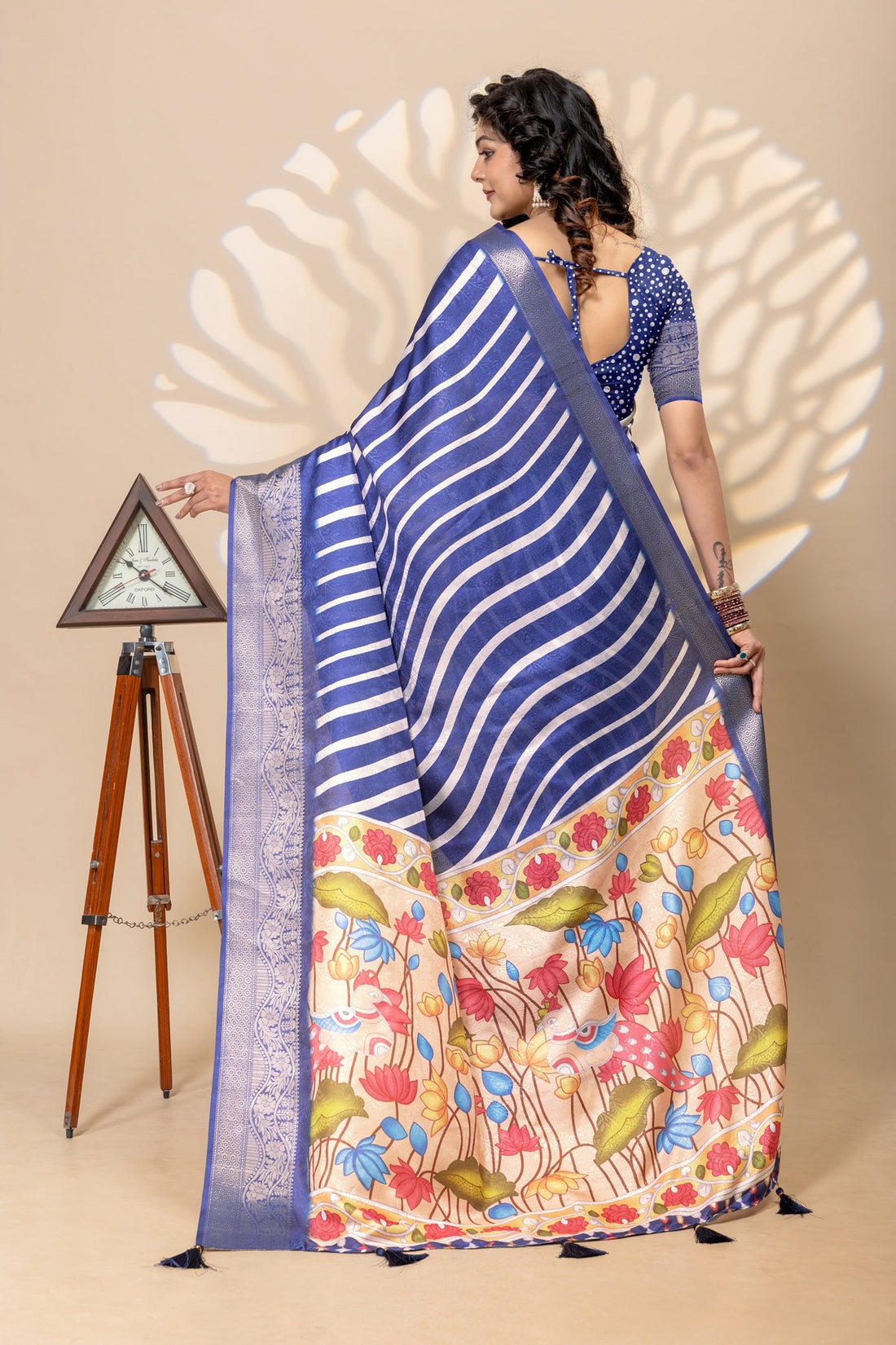 Elegant Royal Blue Diagonal Striped Art Silk Saree with Floral Pallu