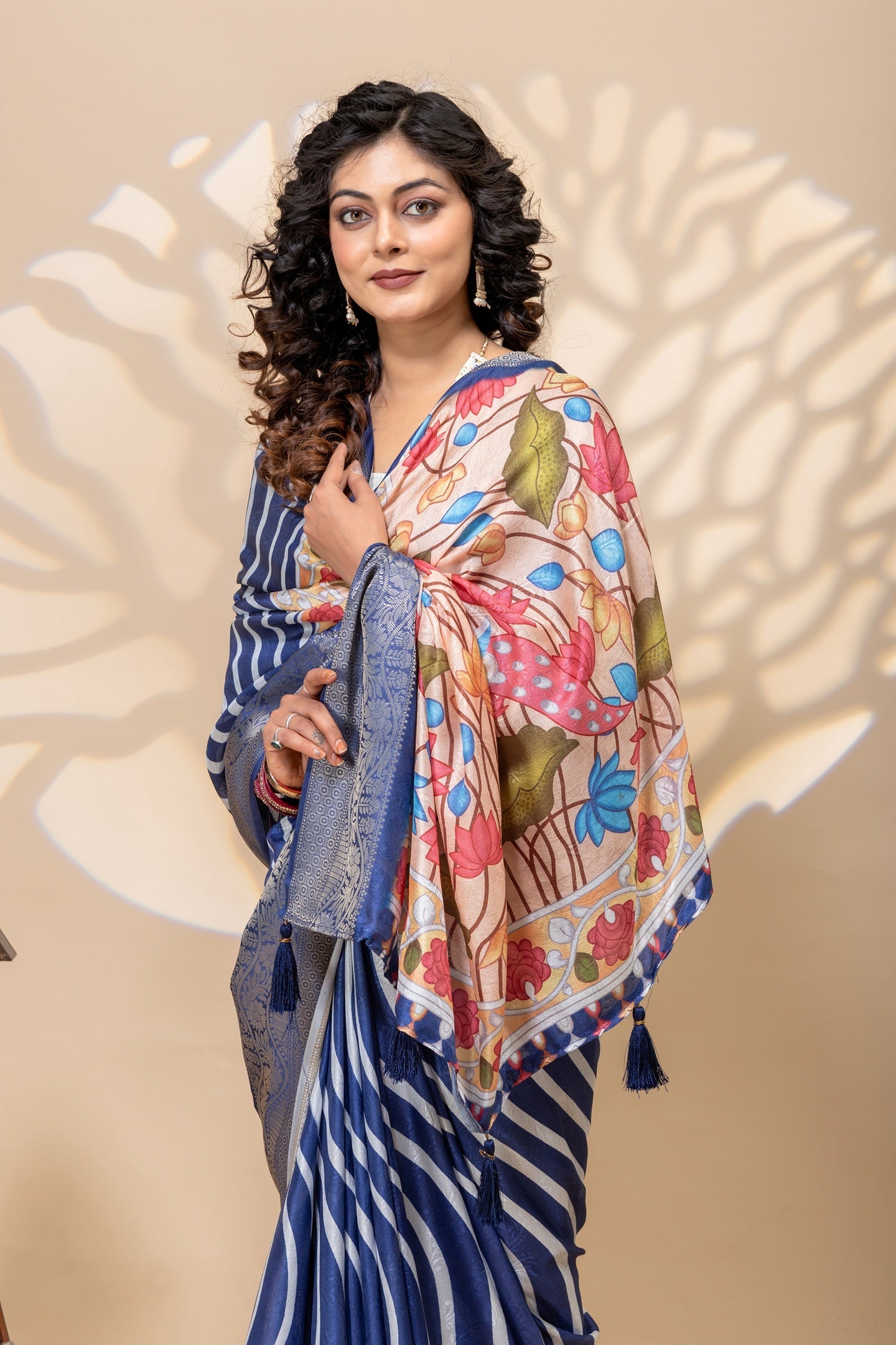 Elegant Royal Blue Diagonal Striped Art Silk Saree with Floral Pallu