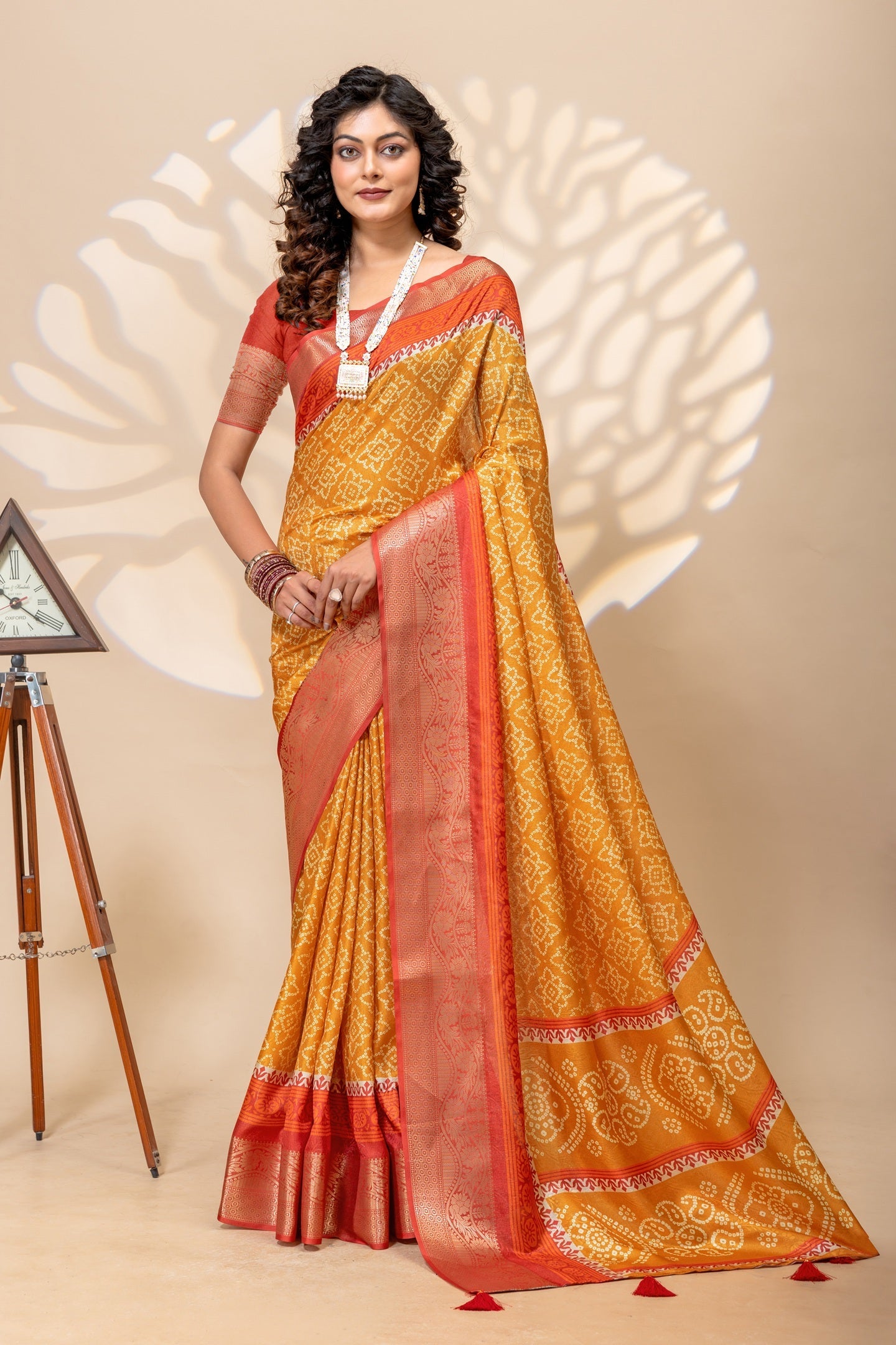 Radiant Mustard & Maroon Bandhani Art Silk Saree with Zari Border