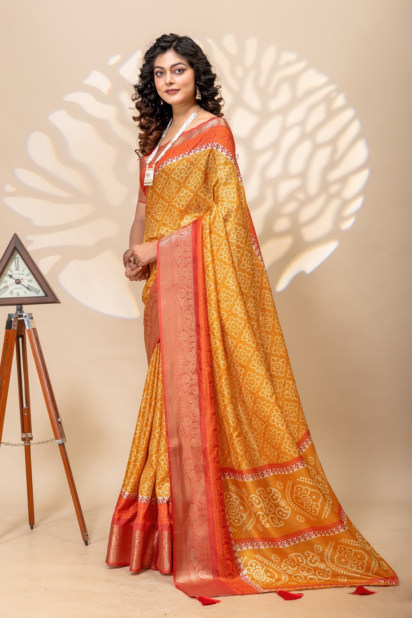 Radiant Mustard & Maroon Bandhani Art Silk Saree with Zari Border