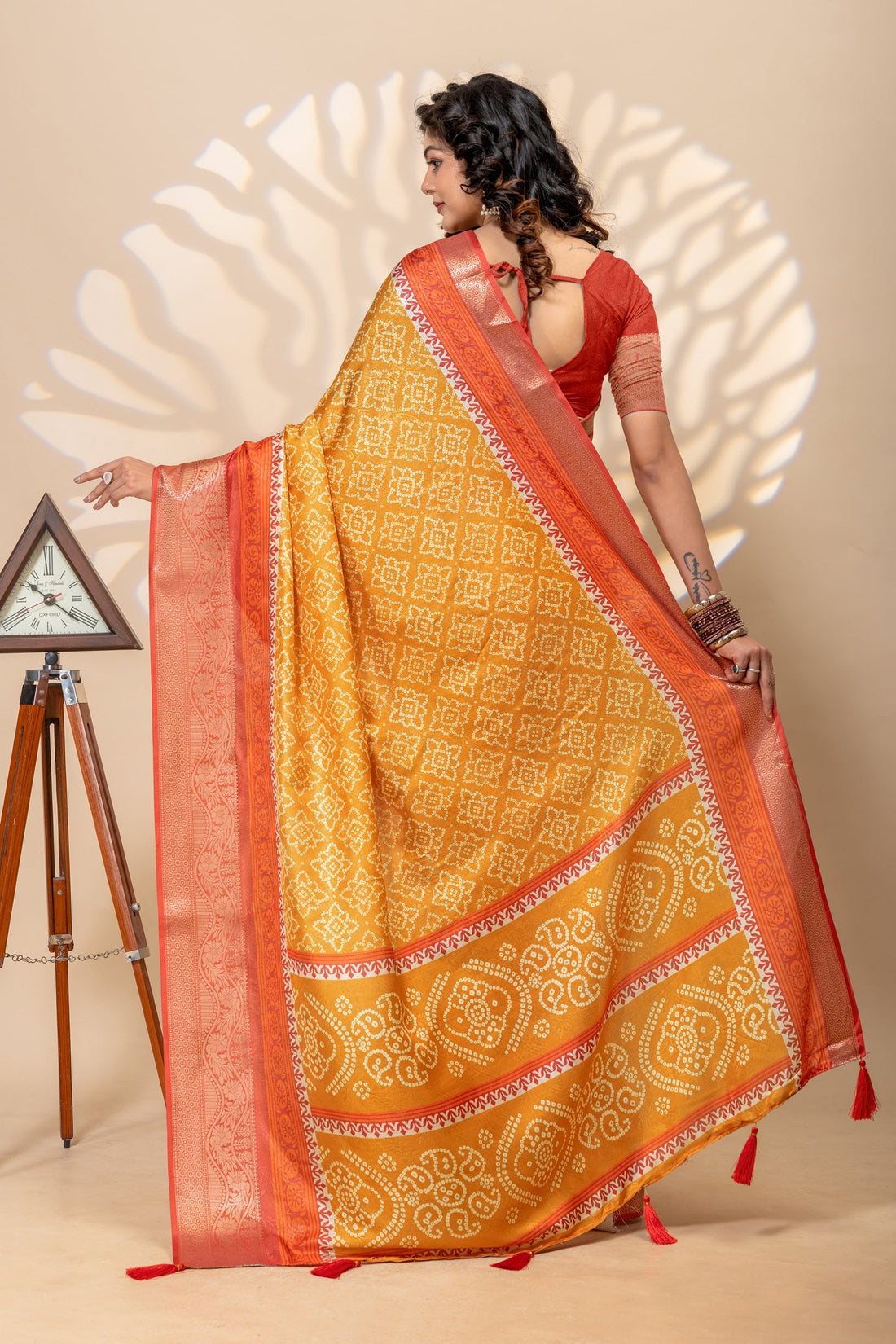Radiant Mustard & Maroon Bandhani Art Silk Saree with Zari Border
