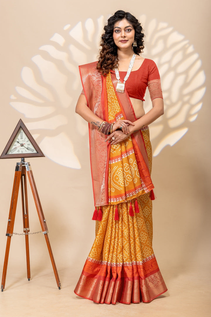 Radiant Mustard & Maroon Bandhani Art Silk Saree with Zari Border