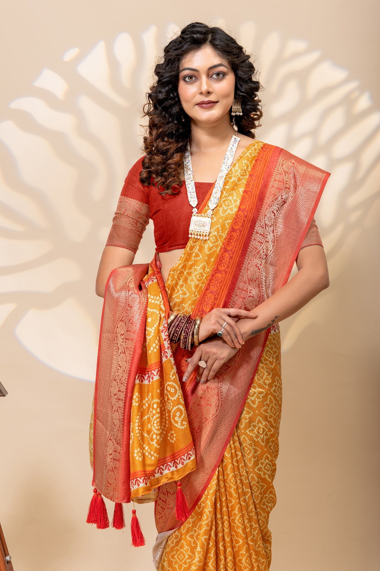 Radiant Mustard & Maroon Bandhani Art Silk Saree with Zari Border